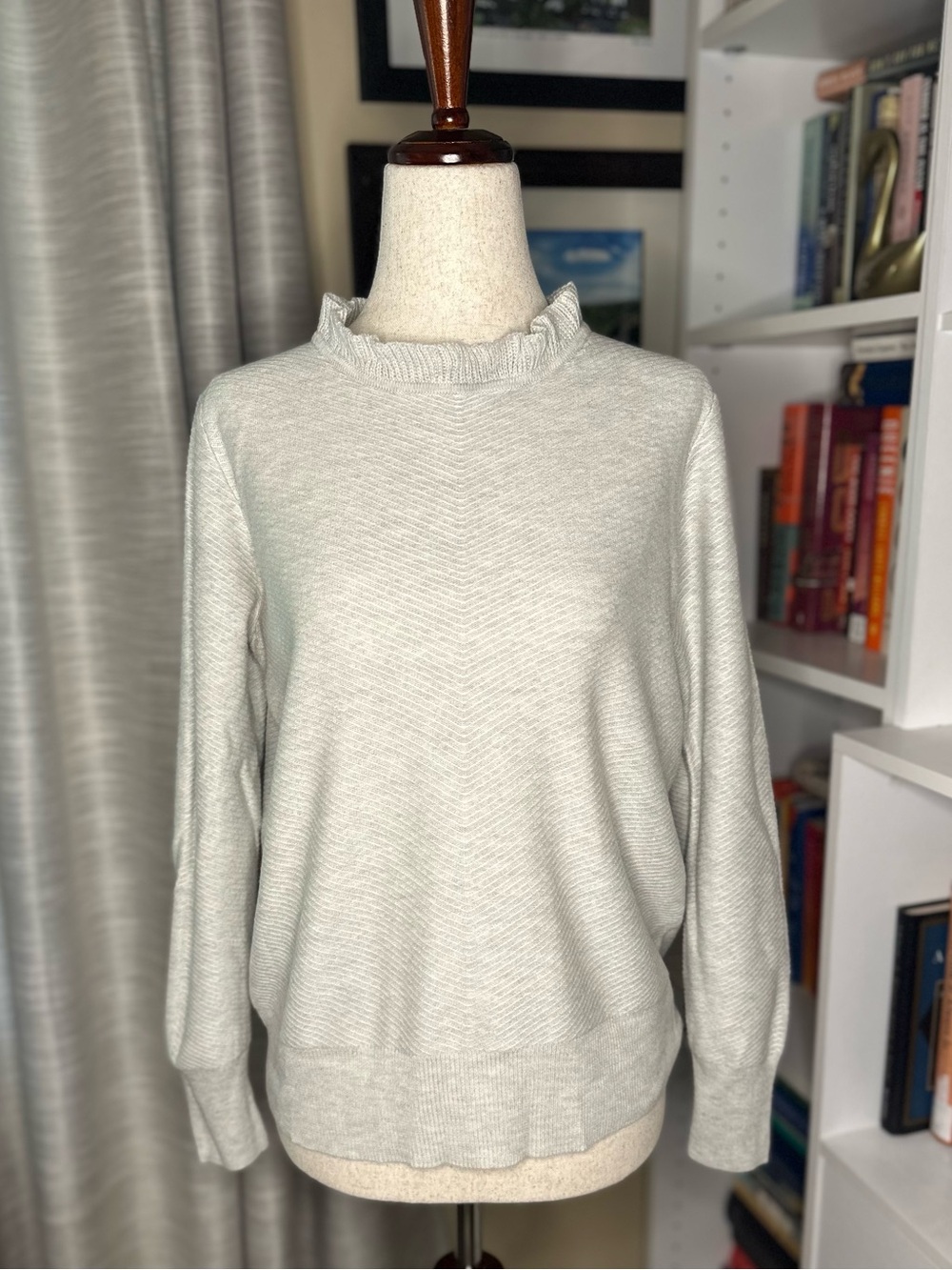 J. Crew Light Gray Ruffle Mock Neck Sweater